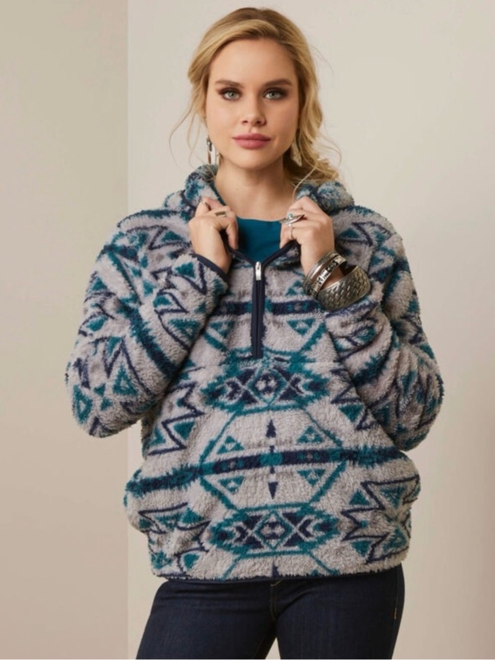 Ariat Gray & Teal Aztec Sherpa Quarter-Zip Hoodie